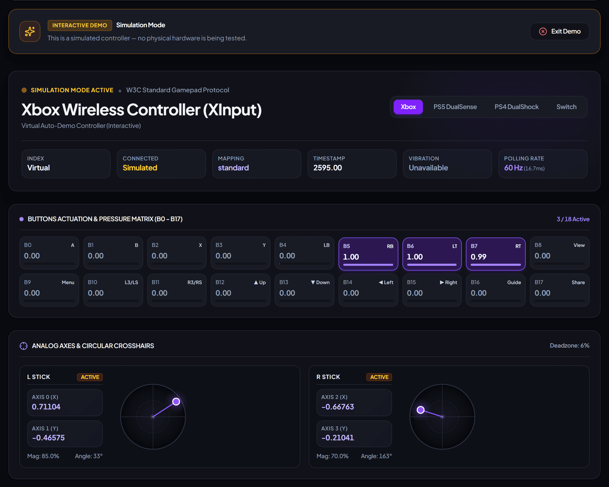 Screenshot of the JoystickTester.com Gamepad Tester interface in Simulation Mode showing the Interactive Demo banner, W3C Standard Gamepad Protocol header, B0 through B17 button matrix, and analog stick crosshairs